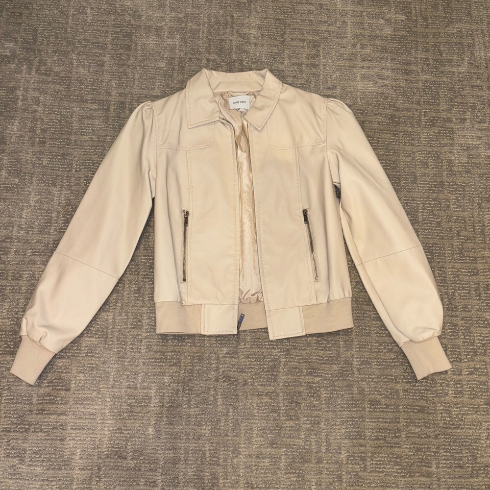 Nine West Cream Leather Bomber Jacket with Ribbed Details
